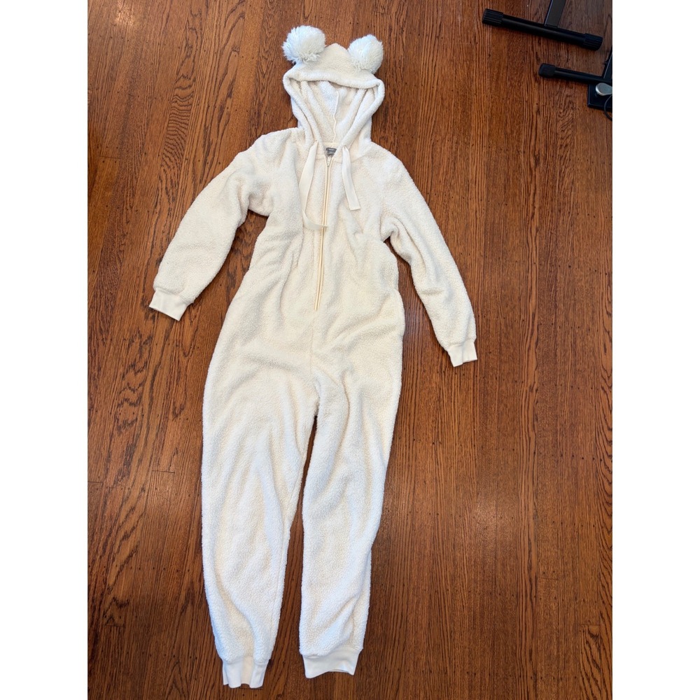 Aerie Cream Sherpa Teddy Bear Hooded Union Suit Pajamas XS/S Zip Up Pockets